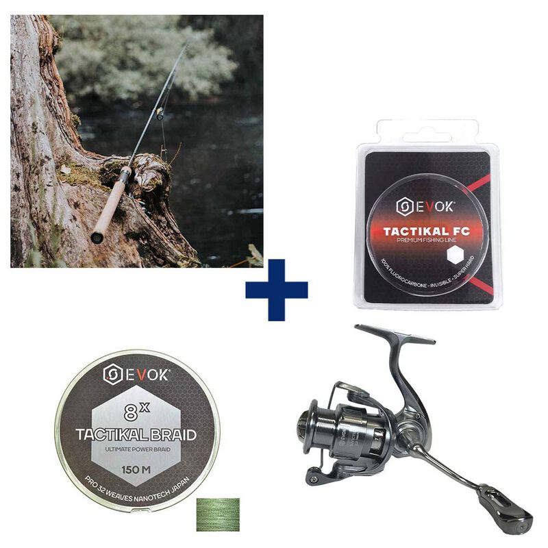 Pack Canne Evok Invictus Trout 2.19m, 5-14g + Moulinet Invictus Trout 1500Fd + Tresse + Fluorocarbone - Packs et ensembles | Pacific Pêche