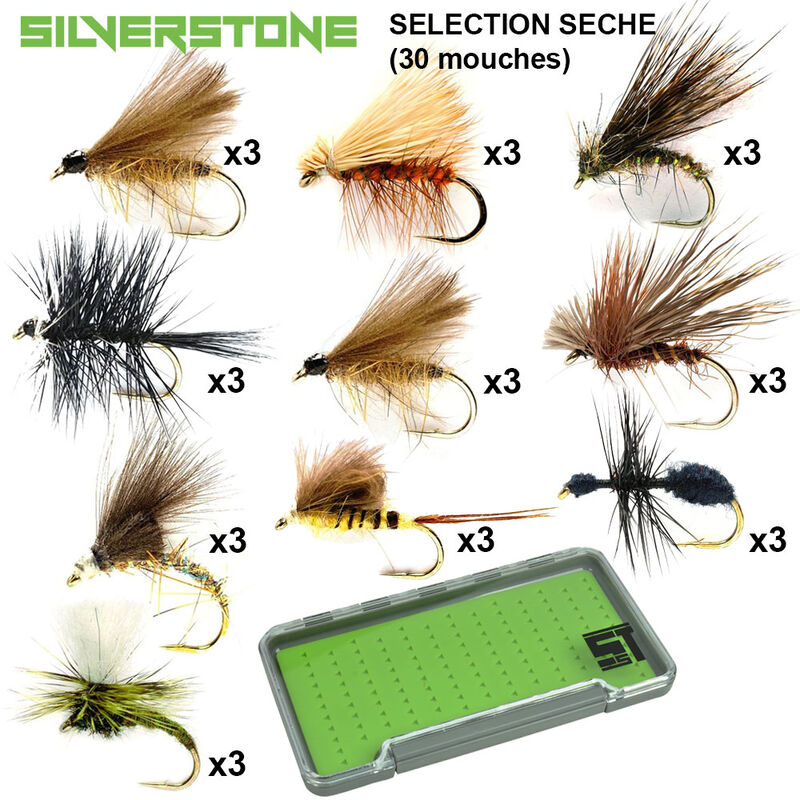 S&eacute;lection silverstone mouches s&egrave;ches 10 mod&egrave;les (30 mouches + boite &eacute;tanche) - Packs | Pacific P&ecirc;che