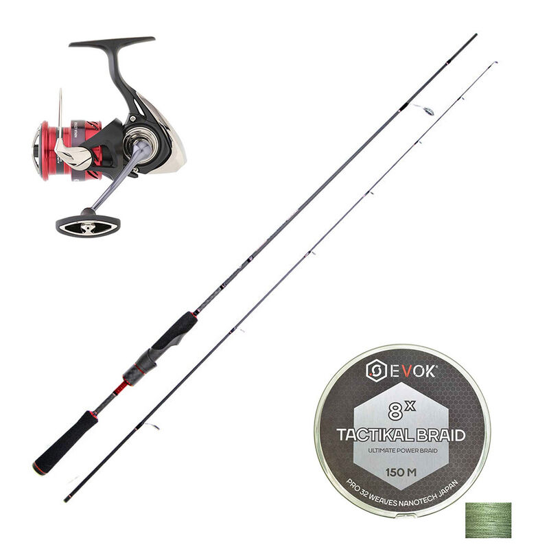 Pack Canne Spinning Evok Invictus V2 1.83m, 1-7g + Moulinet Daiwa Ninja 1000LT + Tresse Evok Tactikal Braid 0.10mm - Packs et ensembles | Pacific P&ecirc;che