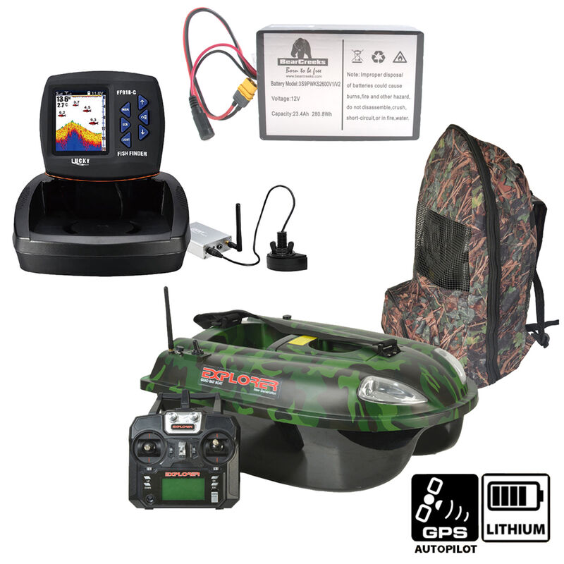 Pack Explorer Camo Autopilot + Sondeur Couleur FF918 + Batterie Lithium - App&acirc;ts / Bateaux amorceur / Spodding | Pacific P&ecirc;che
