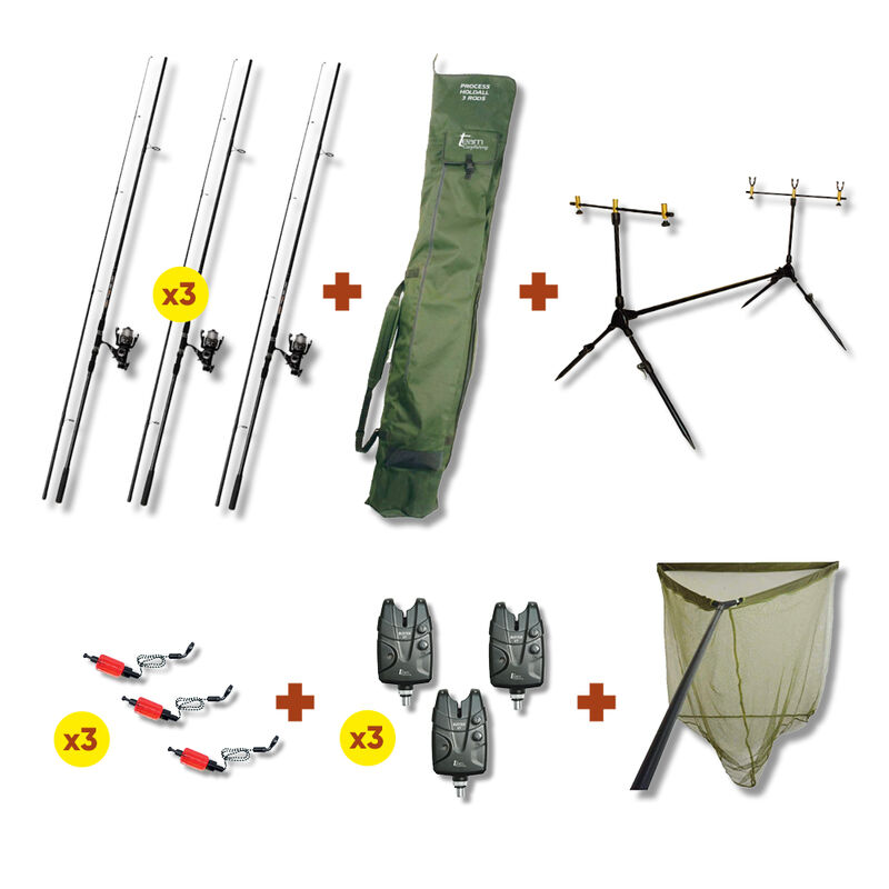 Pack Carpe Complet 3 Combos Tech Carp + Détecteurs + Rod Pod + Fourreau + Epuisette - Cannes | Pacific Pêche