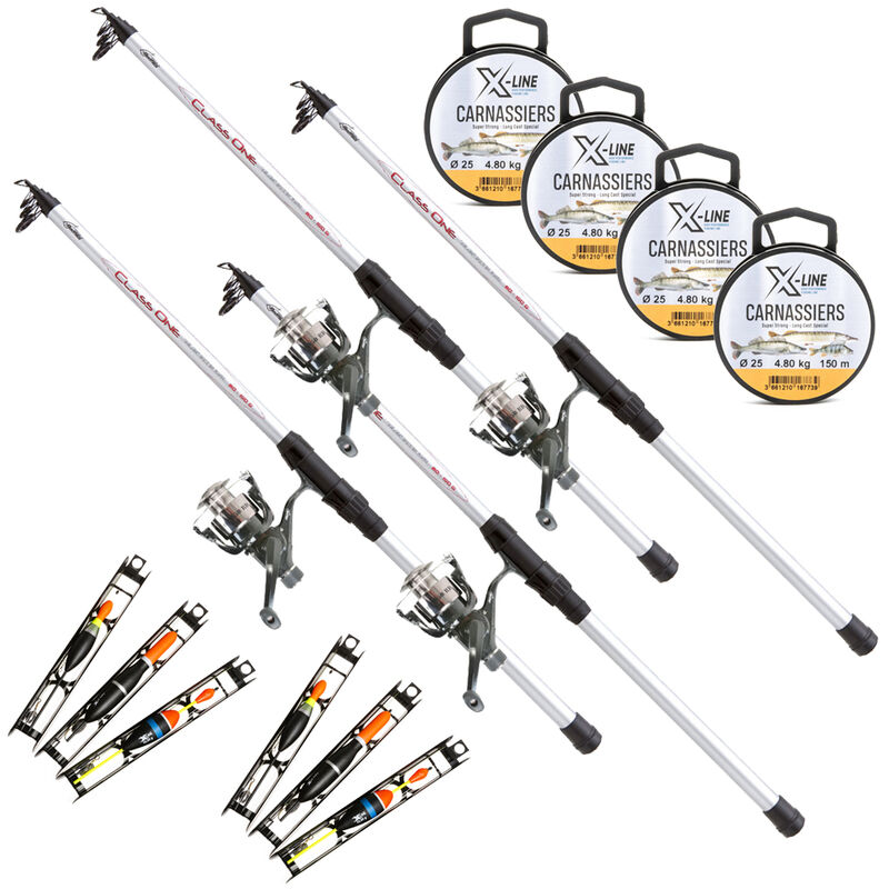 Pack carnassier vifs 4 Ensembles Class One Redfish 3.50m 80-150g + Nylon (x4) + Kit 3 Montages X-Line (x2) - Cannes Pêche au Posé | Pacific Pêche