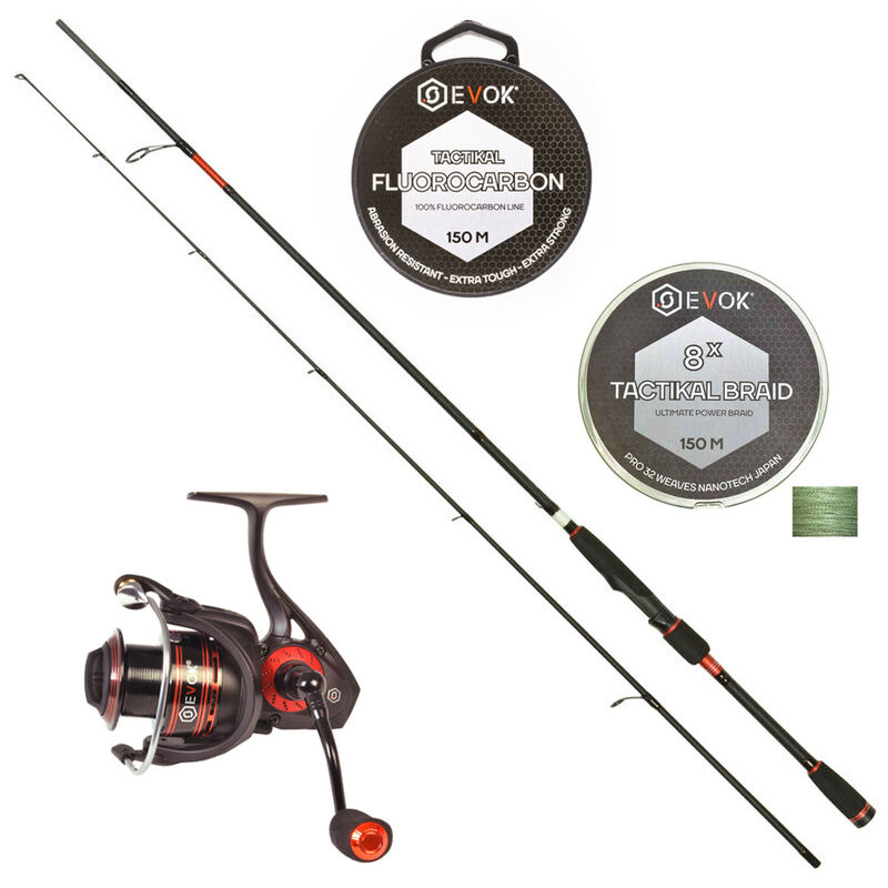 Canne Spinning Evok 2.10m, 7-28g + Moulinet Evok 2508 + Tresse + Fluorocarbone - Packs et ensembles | Pacific P&ecirc;che