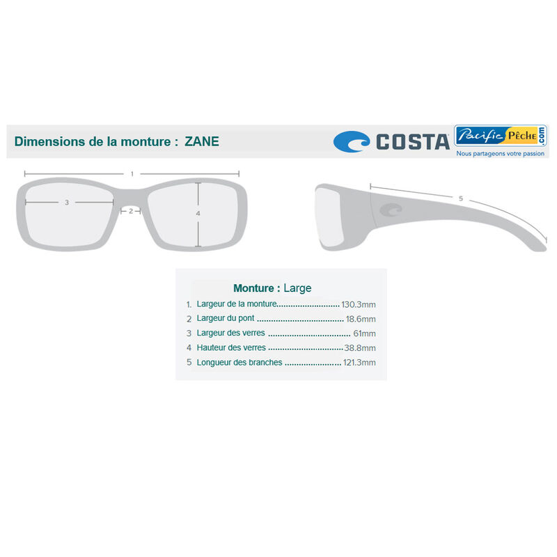 Lunettes polarisantes costa zane avec verres (polycarbonate 580p) - Lunettes polarisantes | Pacific P&ecirc;che