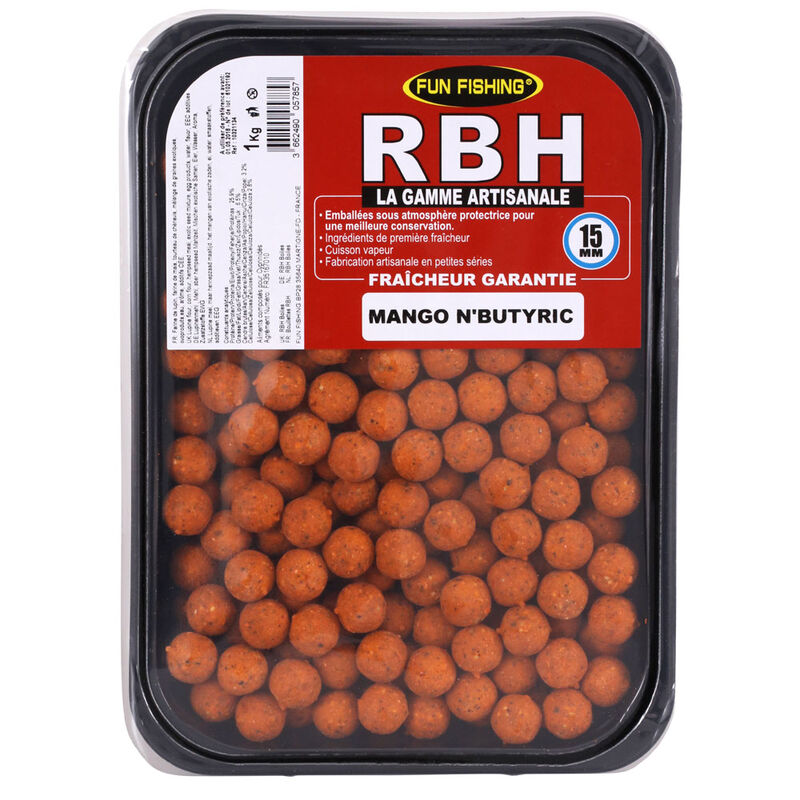 Bouillettes carpe fun fishing rbh boilies mango n&rsquo;butiric 1kg - Denses | Pacific P&ecirc;che