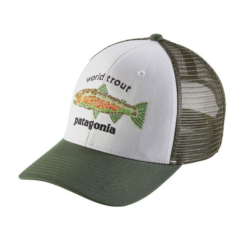 Casquette patagonia world trout fishtitch trucker hat white (blanche et olive) - Casquettes | Pacific Pêche