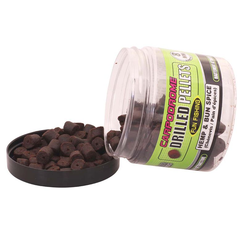 Pellets percés FunFishing Drilled Pellets 8mm (pot de 80g) chénevis/pan d'épices - Pellets | Pacific Pêche
