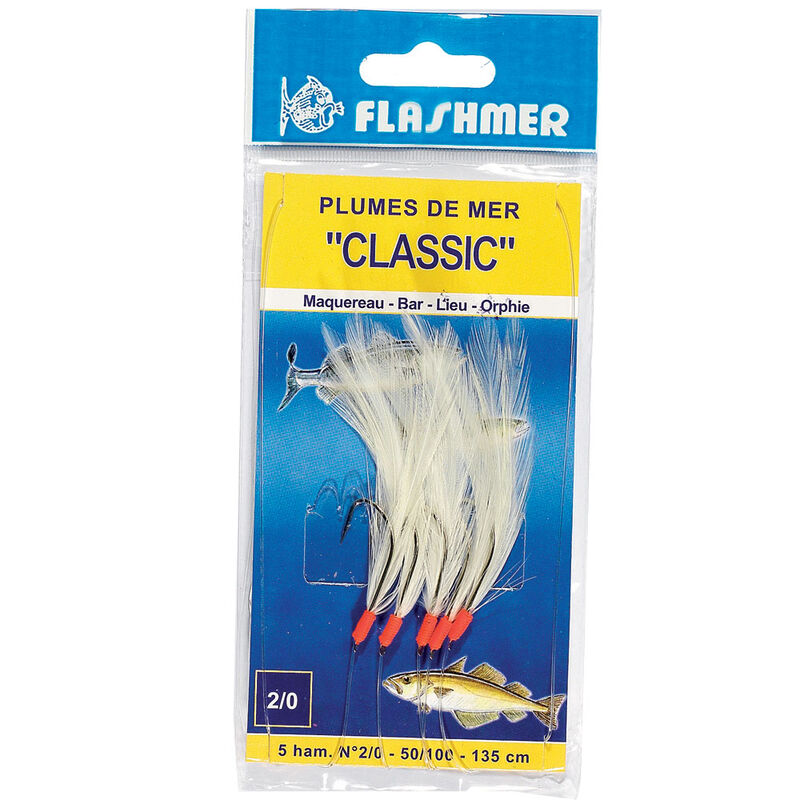 Bas de ligne mer flashmer plume classic 5 hamecons 2/0 blanche - Bas de Lignes / Lignes Mont&eacute;es | Pacific P&ecirc;che