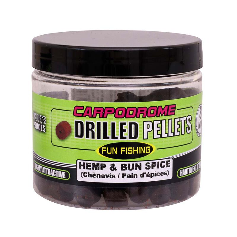 Pellets percés FunFishing Drilled Pellets 8mm (pot de 80g) chénevis/pan d'épices - Pellets | Pacific Pêche