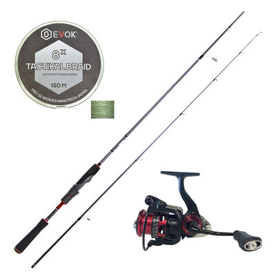 Pack Canne Spinning Evok Invictus V2 1.83m, 7-21g + Moulinet Evok Invictus 2500FD + Tresse Evok Tactikal Braid 0.12mm - Packs et ensembles | Pacific P&ecirc;che