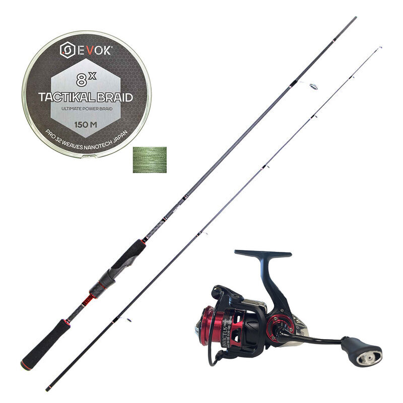 Pack Canne Spinning Evok Invictus V2 1.83m, 7-21g + Moulinet Evok Invictus 2500FD + Tresse Evok Tactikal Braid 0.12mm - Packs et ensembles | Pacific P&ecirc;che