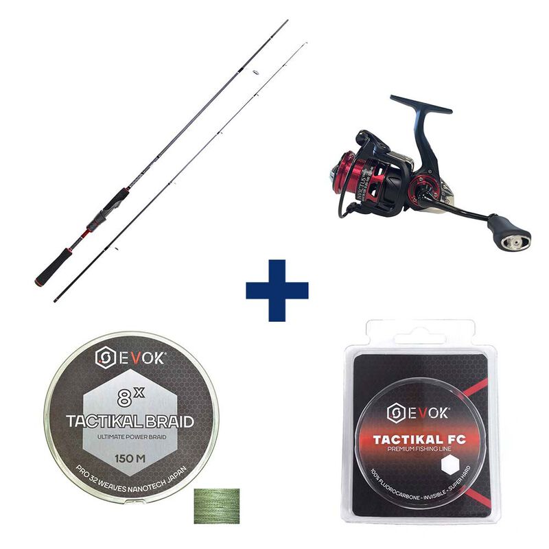 Pack Canne Evok Invictus V2 2.26m, 3-10g + Moulinet Invictus 2500Fd + Tresse + Fluorocarbone - Packs et ensembles | Pacific P&ecirc;che