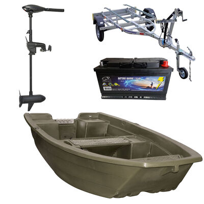 Pack Barque Charente Brown Olive + Batterie Marine 110 Ah + Remorque SP 320K + Moteur Frazer 55 Lbs - Packs | Pacific P&ecirc;che
