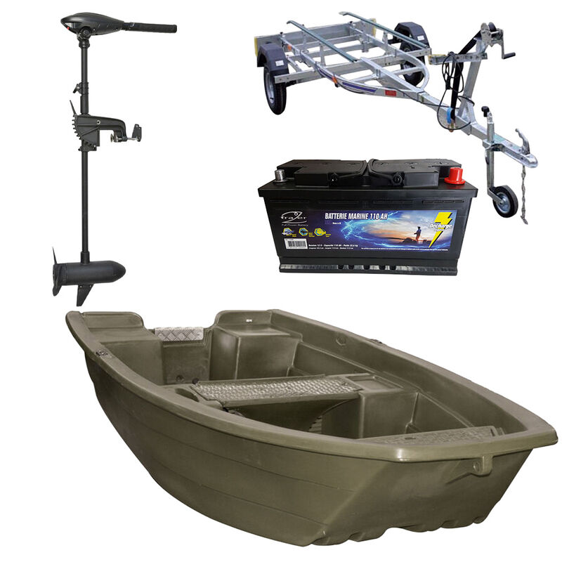 Pack Barque Charente Brown Olive + Batterie Marine 110 Ah + Remorque SP 320K + Moteur Frazer 55 Lbs - Packs | Pacific P&ecirc;che