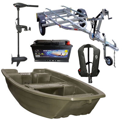 Pack Barque Charente Brown Olive + Batterie Marine 110 Ah + Remorque SP 320K + Moteur Frazer 55 Lbs + Gilet Gonflable XH - Packs | Pacific P&ecirc;che