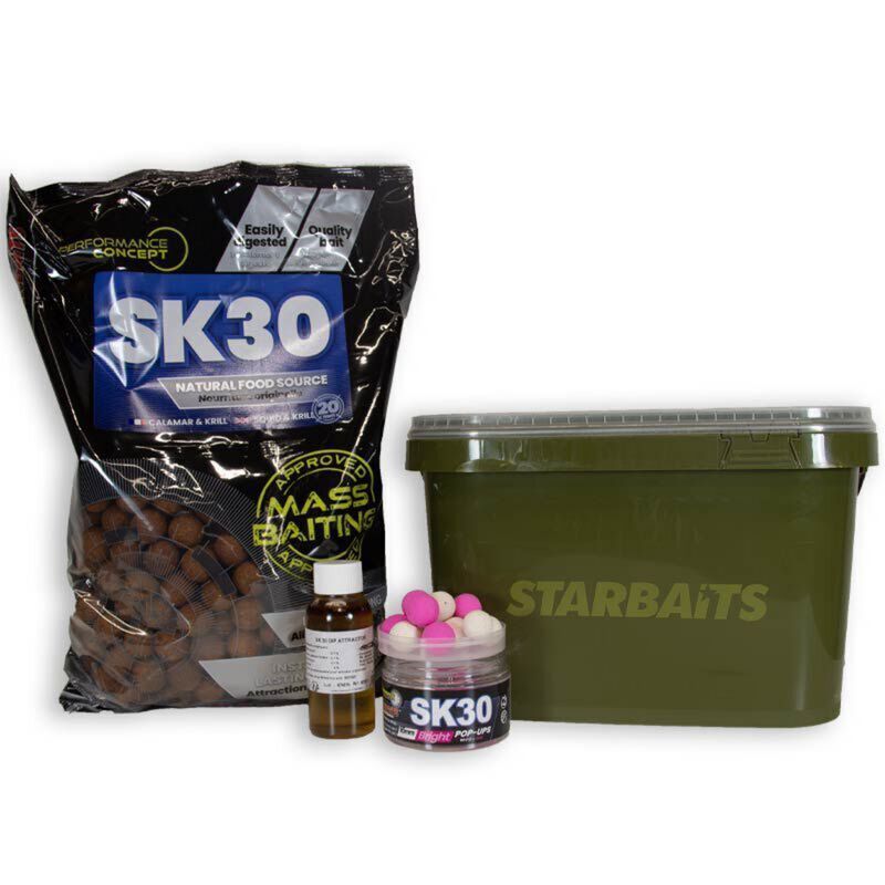 Pack Starbaits - 2kg Bouillettes SK30 + Pop up + Booster + Seau - Denses | Pacific P&ecirc;che