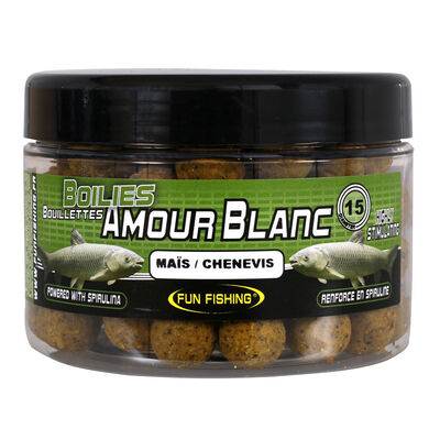 Bouillettes carpe fun fishing amour blanc mais chenevis 15mm 300gr - Denses | Pacific P&ecirc;che