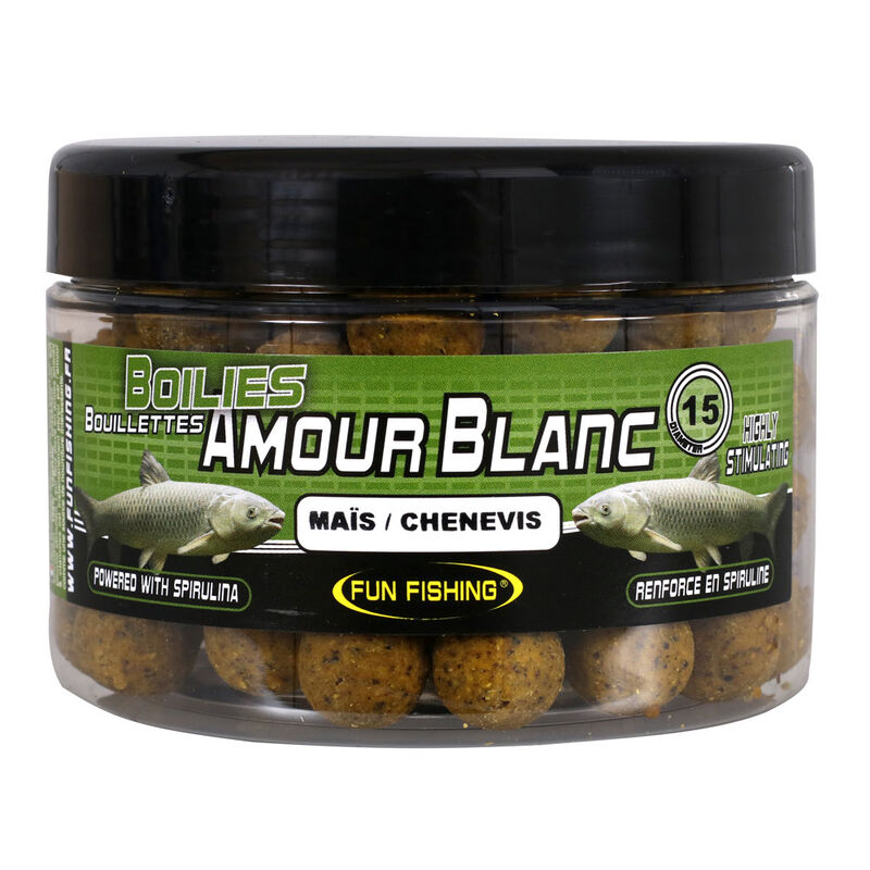 Bouillettes carpe fun fishing amour blanc mais chenevis 15mm 300gr - Denses | Pacific P&ecirc;che