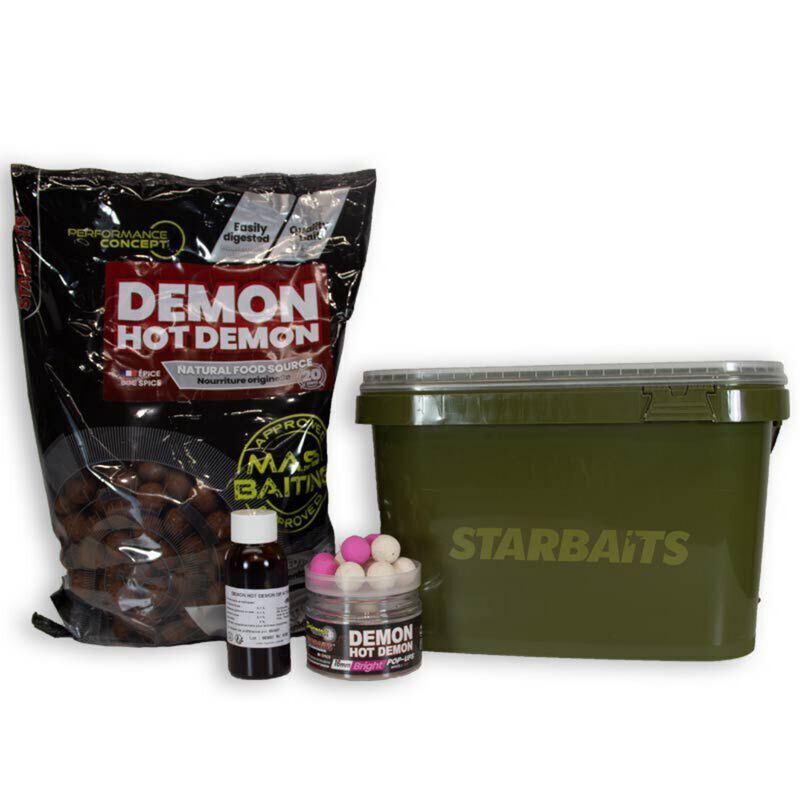Pack Starbaits - 2kg Bouillettes Hot Demon + Pop up + Booster + Seau - Denses | Pacific P&ecirc;che