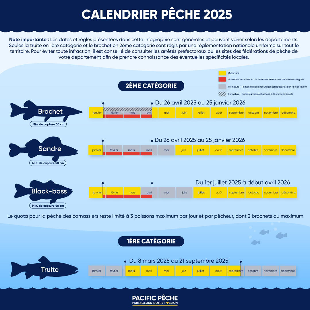 Infographie calendrier dates ouvertures et fermetures pêche 2025