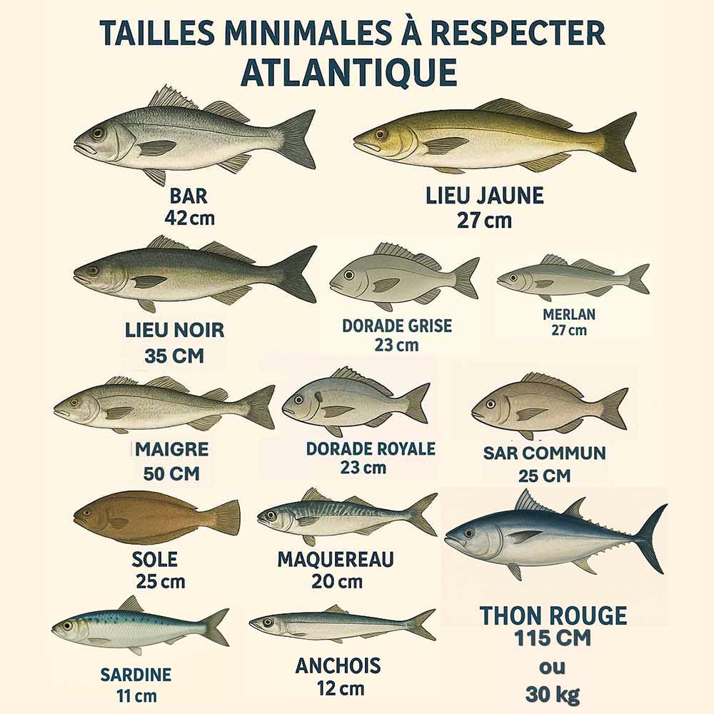 Tailles minimales à respecter en Atlantique, Manche et Mer du Nord